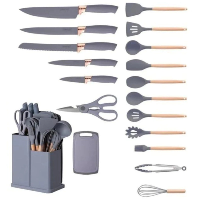 Kit de Cozinha Elegance 19 Peças - Utensílios de Luxo com Tábua em Silicone