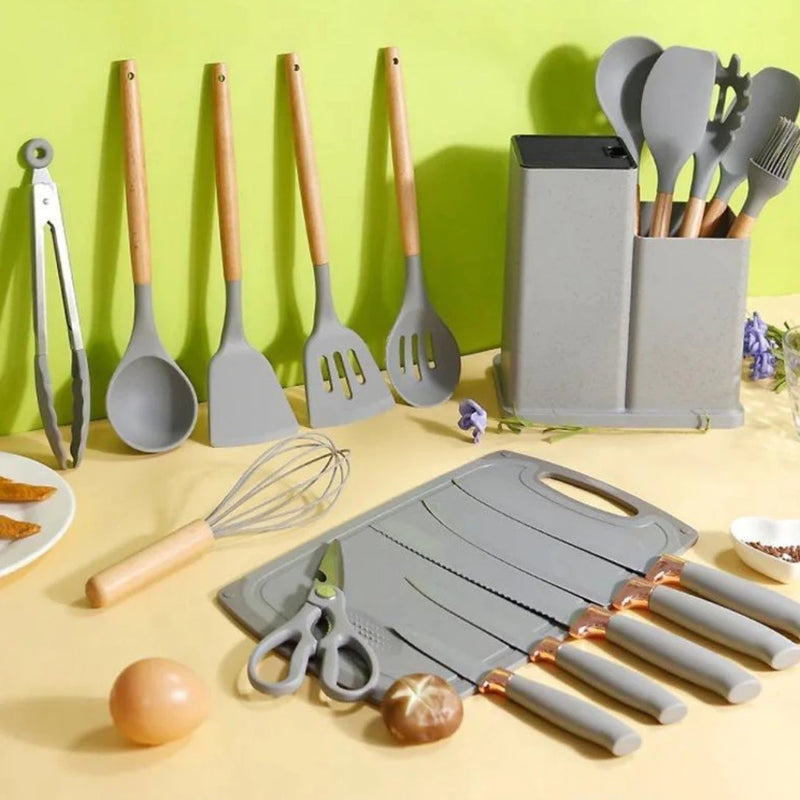 Kit de Cozinha Elegance 19 Peças - Utensílios de Luxo com Tábua em Silicone