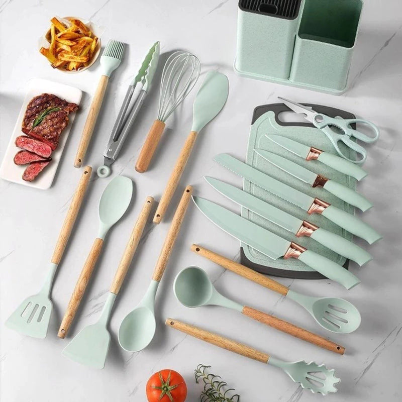 Kit de Cozinha Elegance 19 Peças - Utensílios de Luxo com Tábua em Silicone