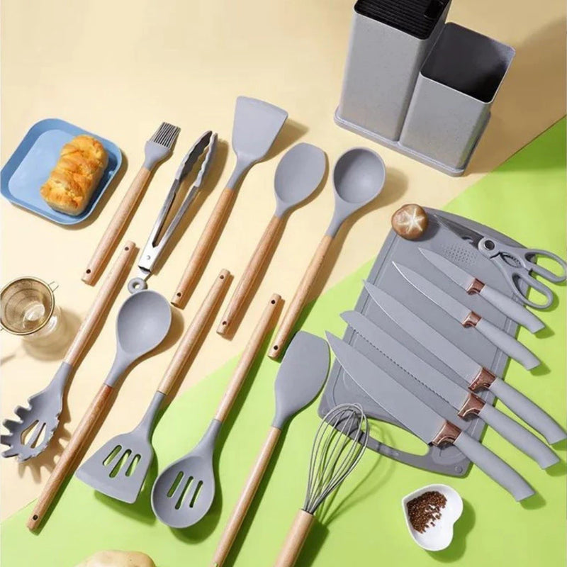 Kit de Cozinha Elegance 19 Peças - Utensílios de Luxo com Tábua em Silicone