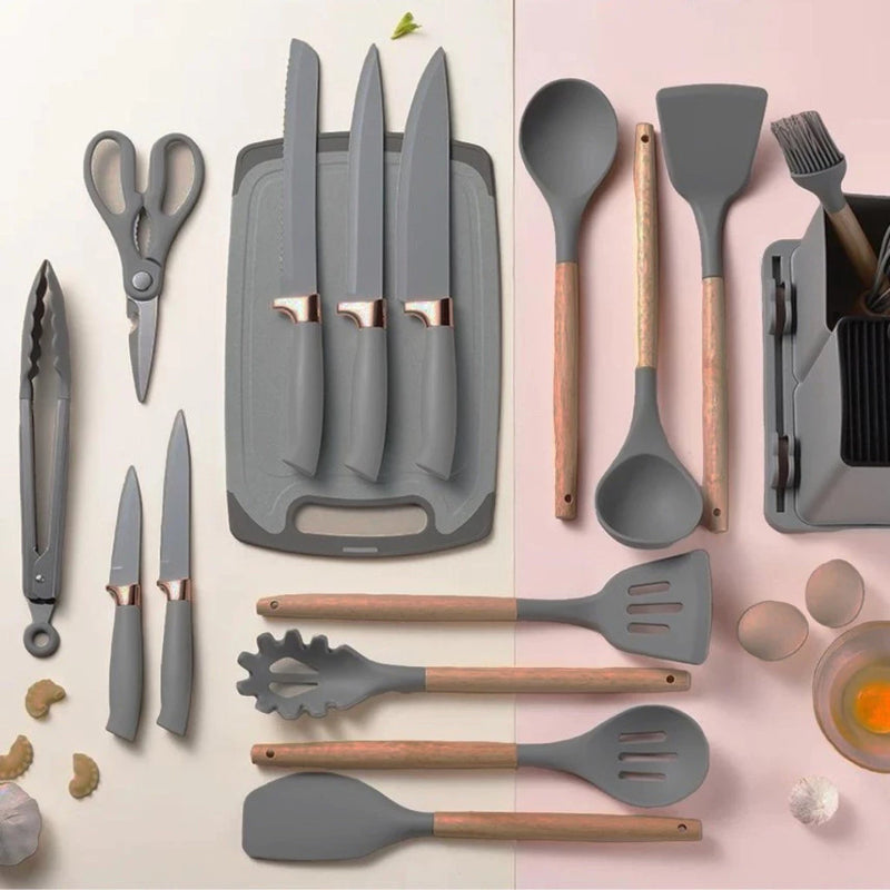 Kit de Cozinha Elegance 19 Peças - Utensílios de Luxo com Tábua em Silicone